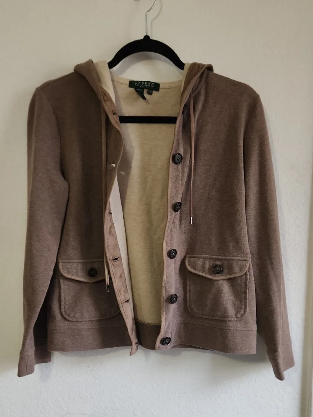 90s Lauren Ralph Lauren Petite Vintage Tan Hooded Button Jacket P/M